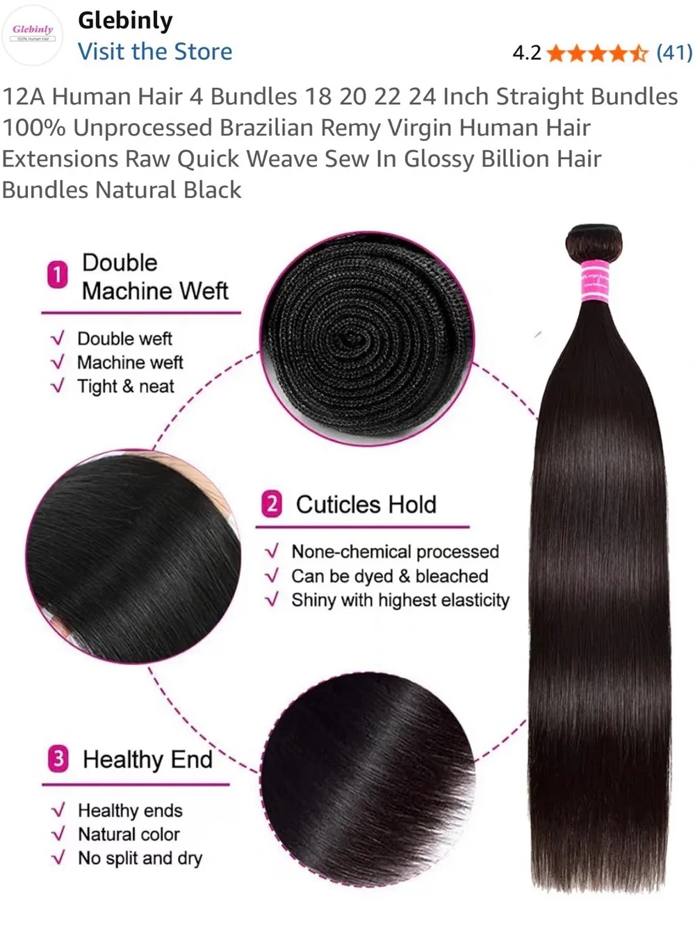 Glebinly 12A Brazilian Human Hair Extensions 18–24” Black Remy Virgin